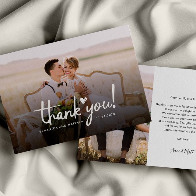 Carte De Correspondance Jour de mariage Script photo élégant Merci (Newlyweds Photo Wedding Thank You Card)