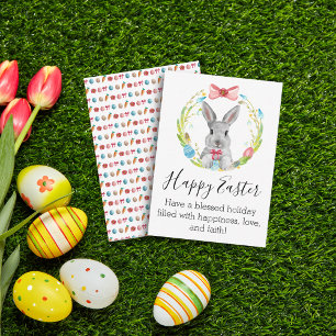 Carte De Correspondance joyeux lapin d'aquarelle de pâques et couronne de