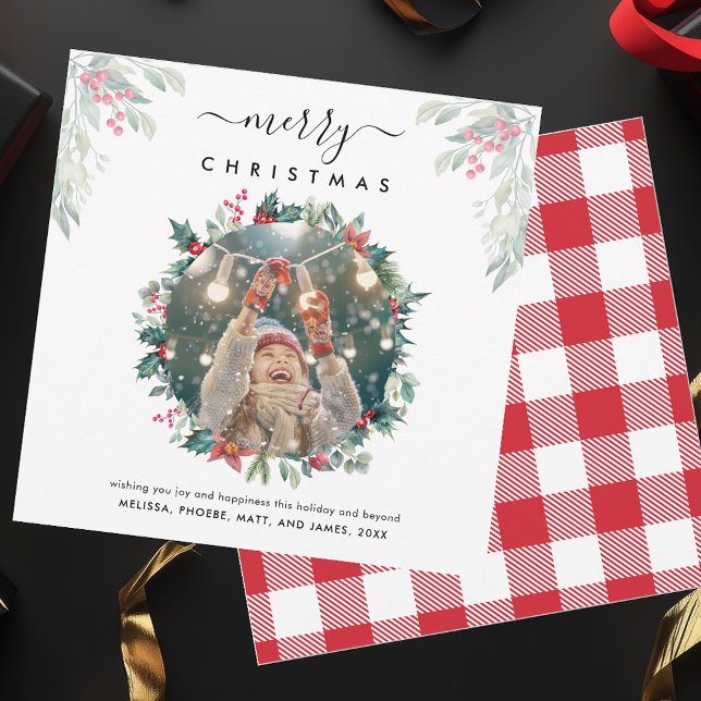 Carte De Correspondance Joyeux Noël Berries Photo (Christmas Greetings Photo Rustic Plaid Red and White Checkered Card)