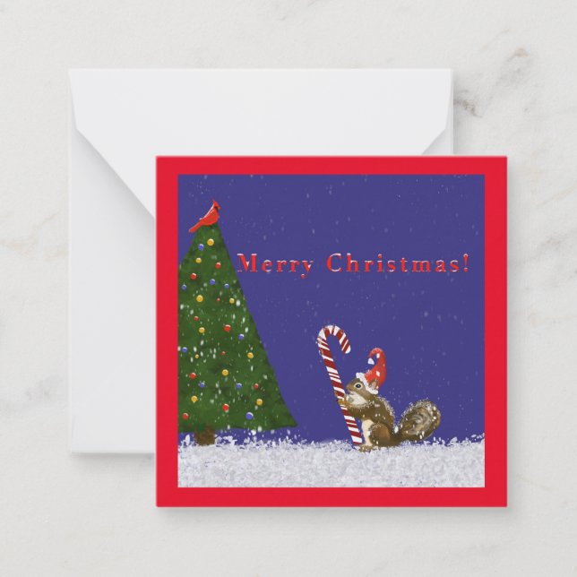 Carte De Correspondance Joyeux Noël! Écureuil, cardinal, arbre, vacances (Devant)