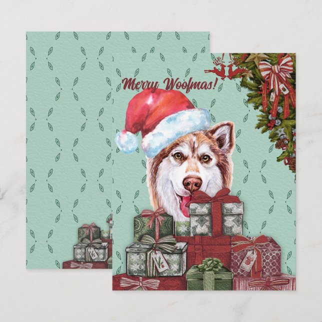 Carte De Correspondance Joyeux Woofmas ! Cadeau de Noël Red Husky Santa Ha (Devant / Derrière)