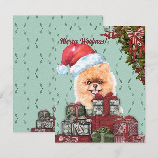 Carte De Correspondance Joyeux Woofmas ! Chien de Poméranie Noël (Devant / Derrière)