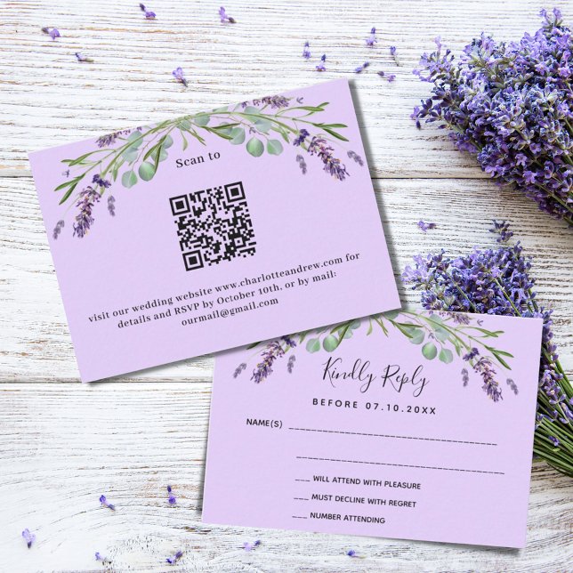 Carte De Correspondance Lavande violet verdure QR réponse mariage RSVP (Créateur téléchargé)