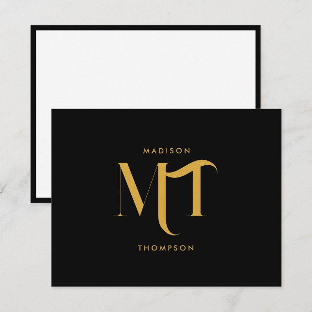 Carte De Correspondance Lettres d'initiales de monogramme noir et or éléga (Devant / Derrière)