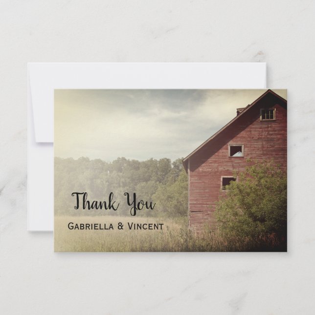 Carte De Correspondance Mariage campagnard Rustique Rouge Grange Merci Not (Devant)
