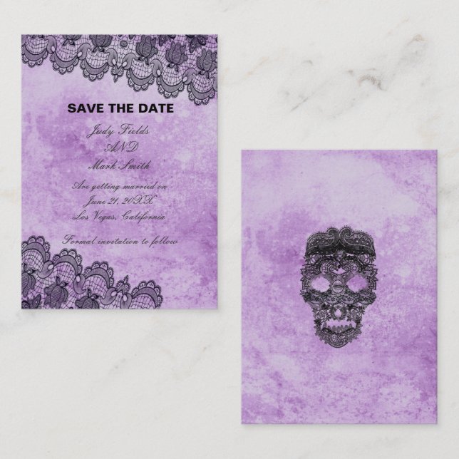 Carte De Correspondance Mariage gothique violet à dentelle noire, Enregist (Devant / Derrière)