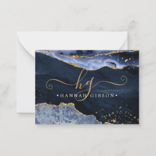 Carte De Correspondance Marine Blue Agate Monogramme Fancy Script Gold Par