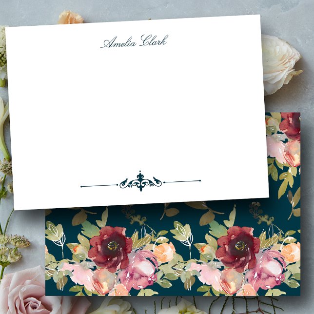 Carte De Correspondance Maroon élégant et Turquoise floral (Créateur téléchargé)