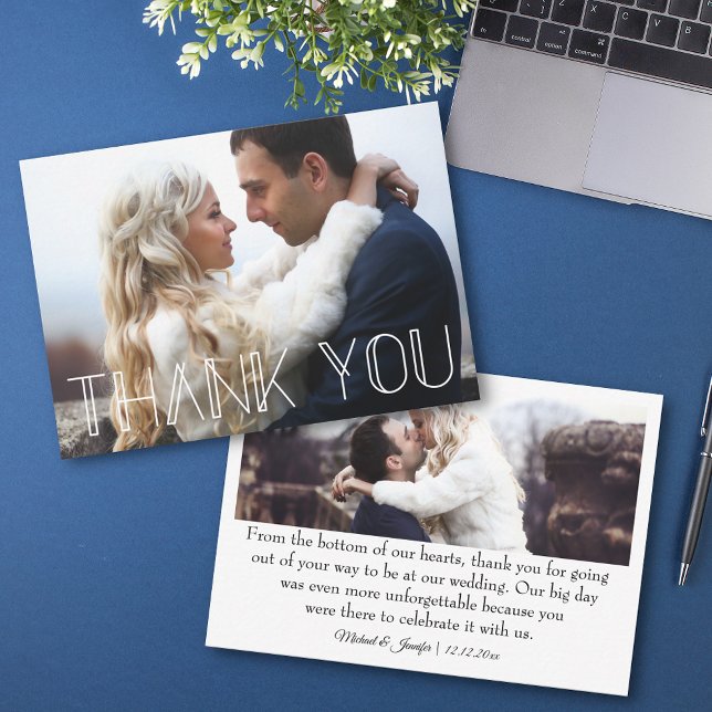 Carte De Correspondance merci 2 photos blanc tendance typographie mariage (Créateur téléchargé)