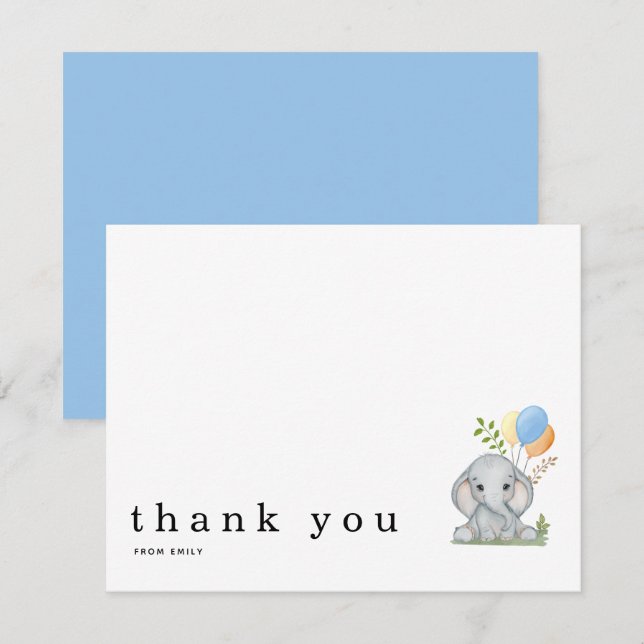 Carte De Correspondance Merci adorable éléphant bleu bébé garçon (Devant / Derrière)