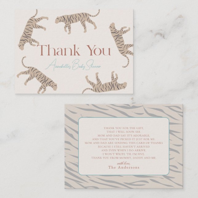Carte De Correspondance Merci de Baby shower Tiger Taupe (Devant / Derrière)