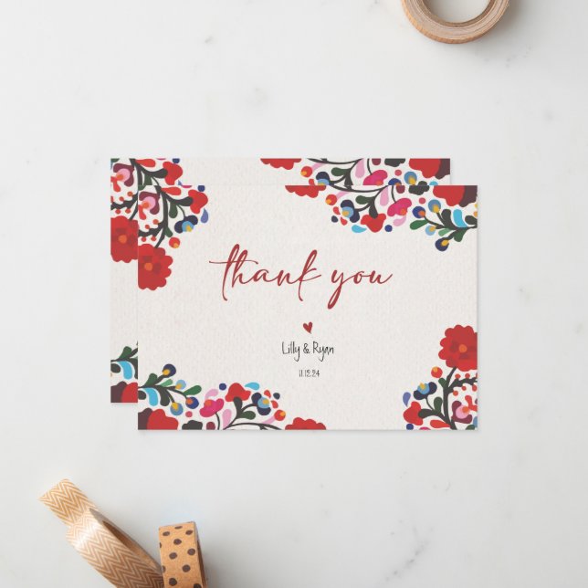 Carte De Correspondance Merci de la mariée rouge de la fête mexicaine (Devant/Arrière en situation)
