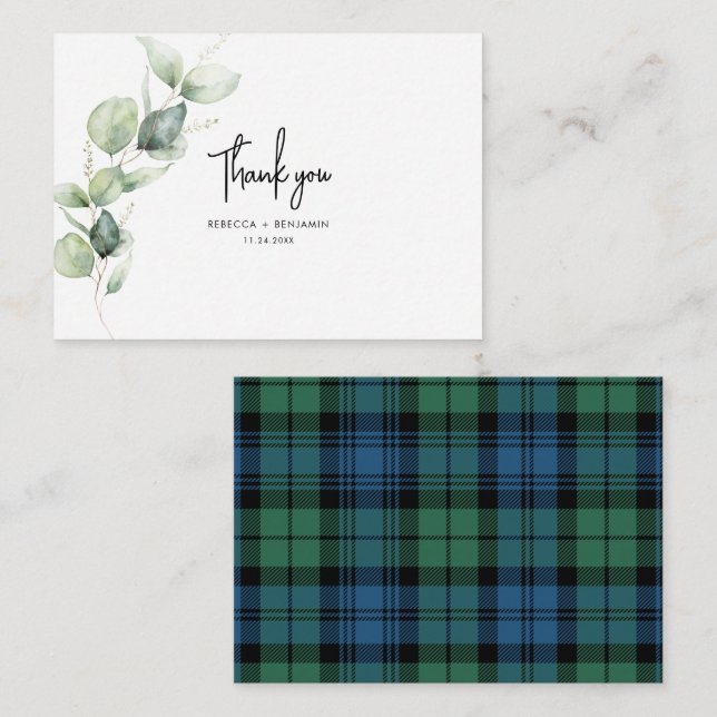 Carte De Correspondance Merci de Mariage aquarelle Eucalyptus Plaid (Devant / Derrière)