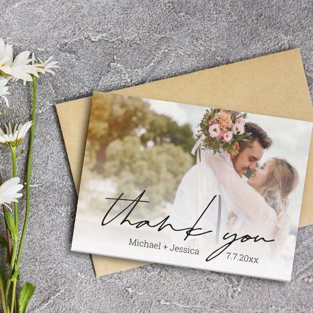 Carte De Correspondance merci écriture moderne chic mariage photo (Créateur téléchargé)