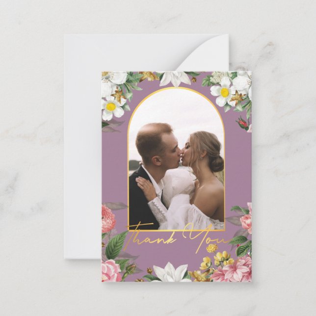 Carte De Correspondance merci floral mariage photo or arc violet (Devant)