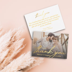 Carte De Correspondance merci,photo de mariage à l'écriture manuscrite dor
