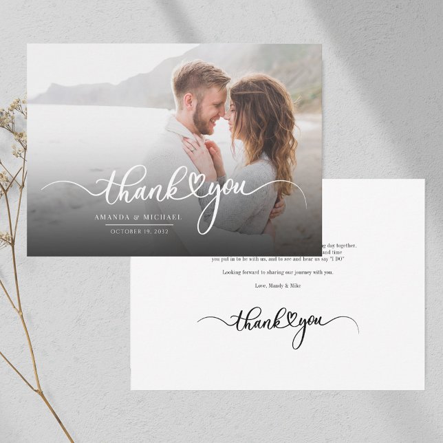 Carte De Correspondance Merci photo des jeunes mariés modernes (Photo Wedding Thank You Script Card)