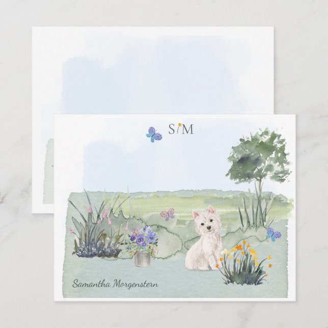 Carte De Correspondance Mete Westie Butterfly Meadow Monogramme & Nom (Devant / Derrière)