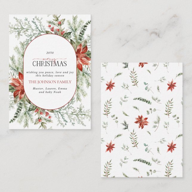 Carte De Correspondance Mini Arc Moderne Poinsettia Joyeux Script de Noël (Devant / Derrière)