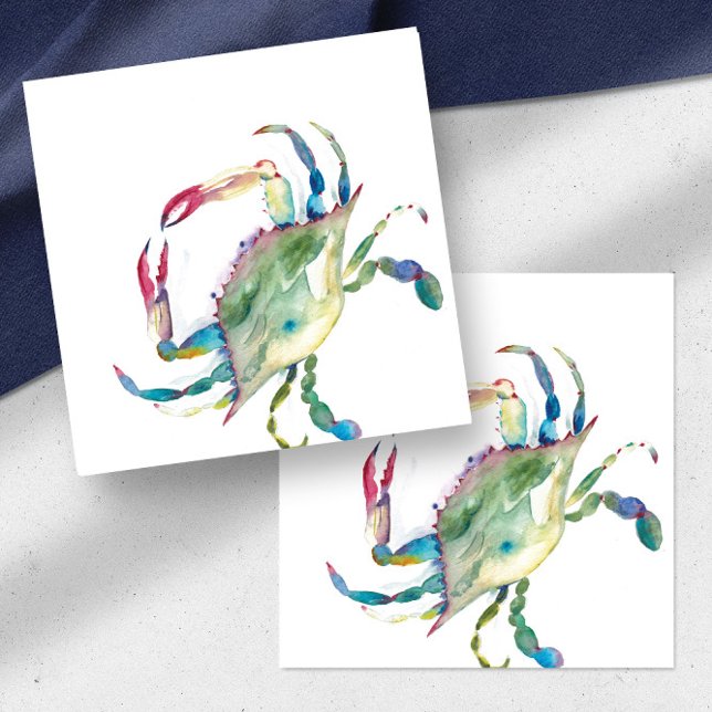 Carte De Correspondance Mini crabe coloré à l'aquarelle (Note cards beach watercolor blue crab blank on one side art by Victoria Grigaliunas Do Tell A Belle)