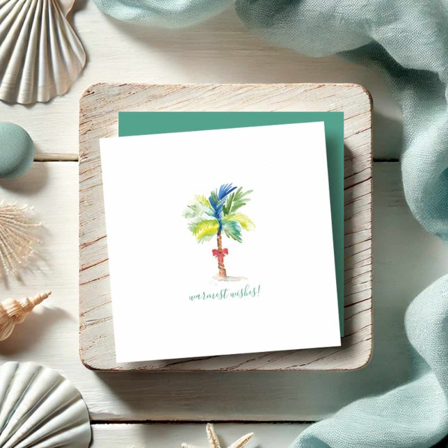 Carte De Correspondance Mini palmier de Noël (Tropical watercolor Christmas cards feature palm tree and red ribbon art by Victoria Grigaliunas)