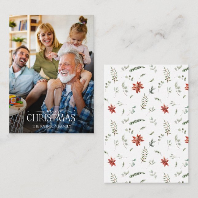Carte De Correspondance Mini Poinsettia verdure Joyeux Noël Photo (Devant / Derrière)