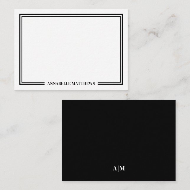 Carte De Correspondance Minimalist Black White Two Border Monogram (Devant / Derrière)