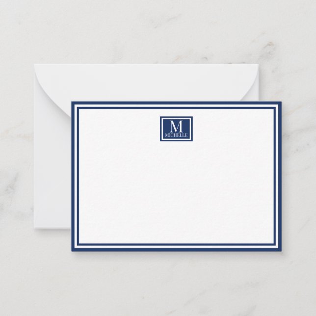 Carte De Correspondance Minimalist Two Boarder Monogram Name Navy Blue (Devant)