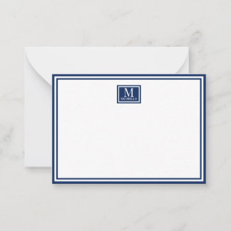 Carte De Correspondance Minimaliste Deux Bordures Monogramme Nom Bleu Nuit