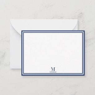 Carte De Correspondance Minimaliste Deux Bordures Monogramme Nom Bleu Nuit