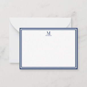 Carte De Correspondance Minimaliste Deux Bordures Monogramme Nom Bleu Nuit