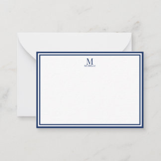 Carte De Correspondance Minimaliste Deux Bordures Monogramme Nom Bleu Nuit