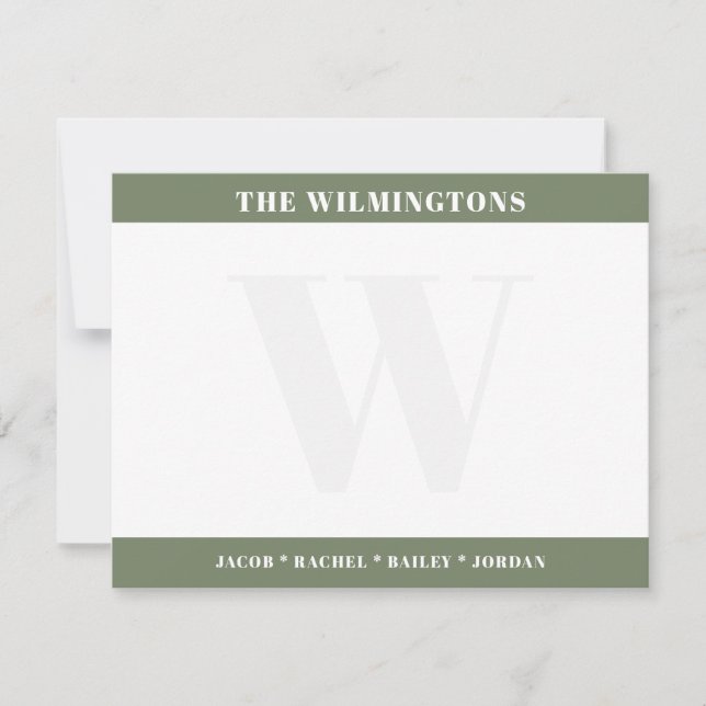 Carte De Correspondance Modern Monogram Family Names Sage Green Stationery (Devant)