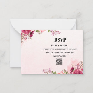 Carte De Correspondance Modern Pink Floral QR Code Wedding RSVP Card