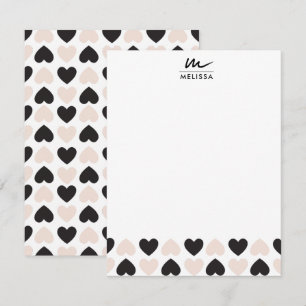 Carte De Correspondance Moderne Blush rose noir Coeurs d'amour Monogramme