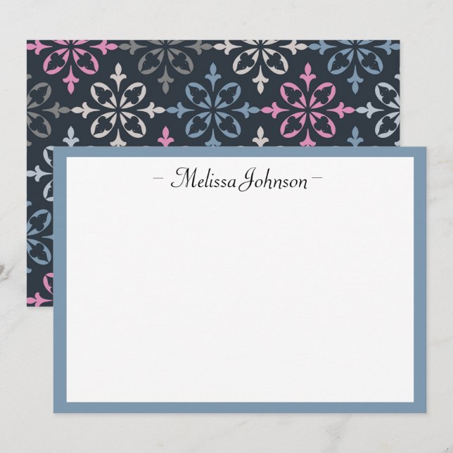 Carte De Correspondance Moderne Damask rose et marine Personnalisé (Devant / Derrière)