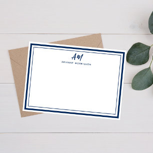Carte De Correspondance Monogramme bleu marine Bordure mince et fine