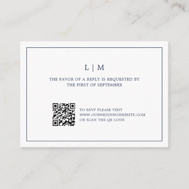 Carte De Correspondance Monogramme bleu marine simple Code QR Mariage RSVP (Devant)