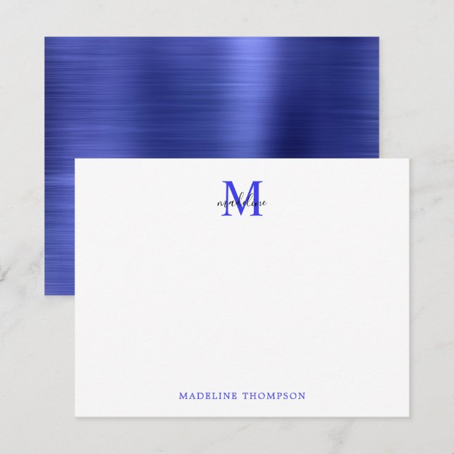 Carte De Correspondance Monogramme bleu métallique simple brossé moderne (Devant / Derrière)