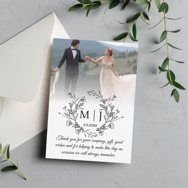 Carte De Correspondance monogramme botanique merci photo mariage (Créateur téléchargé)