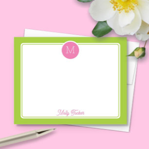 Carte De Correspondance Monogramme Cercle Prépa Rose et Vert Citron