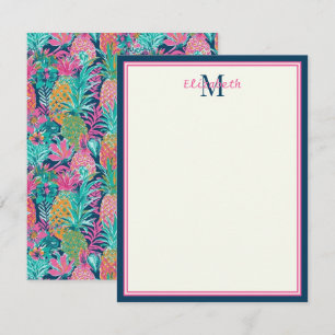 Carte De Correspondance Monogramme d'ananas bleu Preppy Rose Turquoise Nav