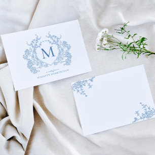 Carte De Correspondance Monogramme de crête Florale Bleu Français Classiqu