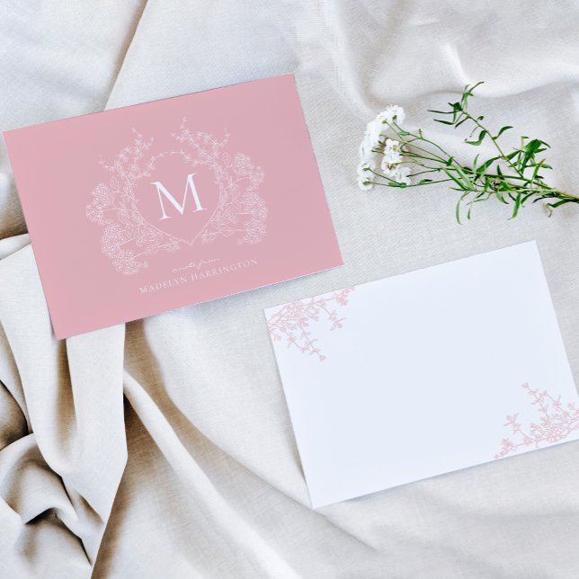 Carte De Correspondance Monogramme de crête florale rose en poudre classiq (Créateur téléchargé)