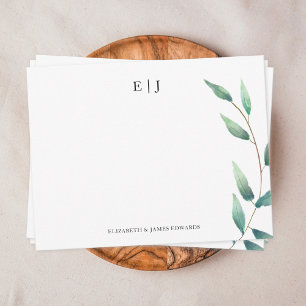 Carte De Correspondance Monogramme de feuilles vertes Initiales de couple