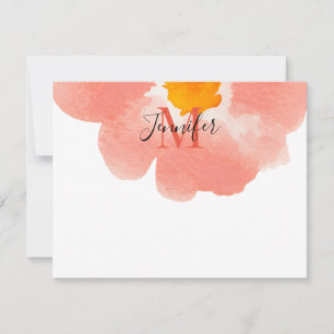 Carte De Correspondance Monogramme de fleur d'aquarelle noir et corail élé