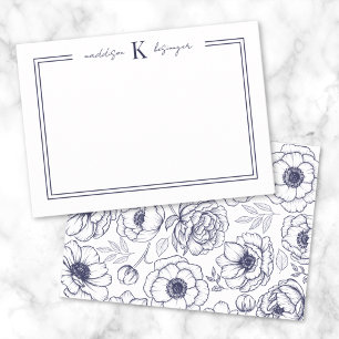 Carte De Correspondance Monogramme de nom floral bleu marine