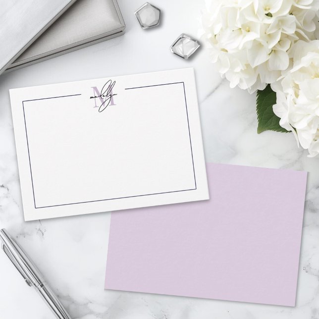 Carte De Correspondance Monogramme de script élégant violet (Simple Script Minimalist Purple Name Monogram Note Card )