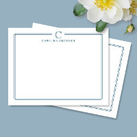 Monogramme Elegant Marine Bleu Bordure Stationery