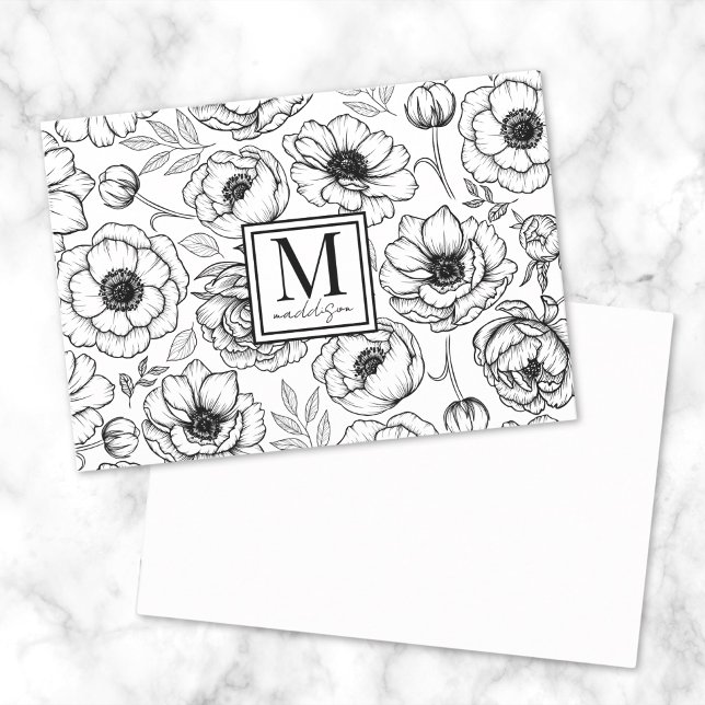 Carte De Correspondance Monogramme floral noir blanc (Black White Floral Monogram Note Card)